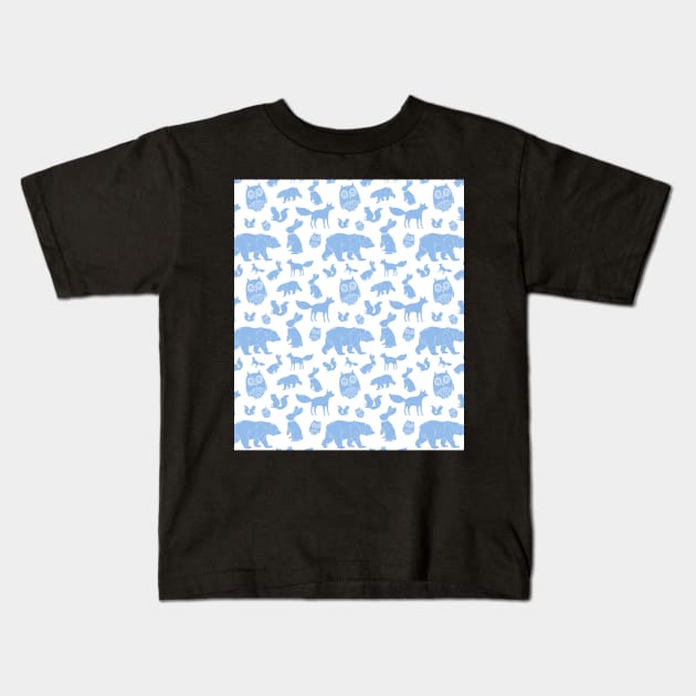 Cornflower Blue Woodland Animals Bear Fox Owl Kids T-Shirt by dreamingmind